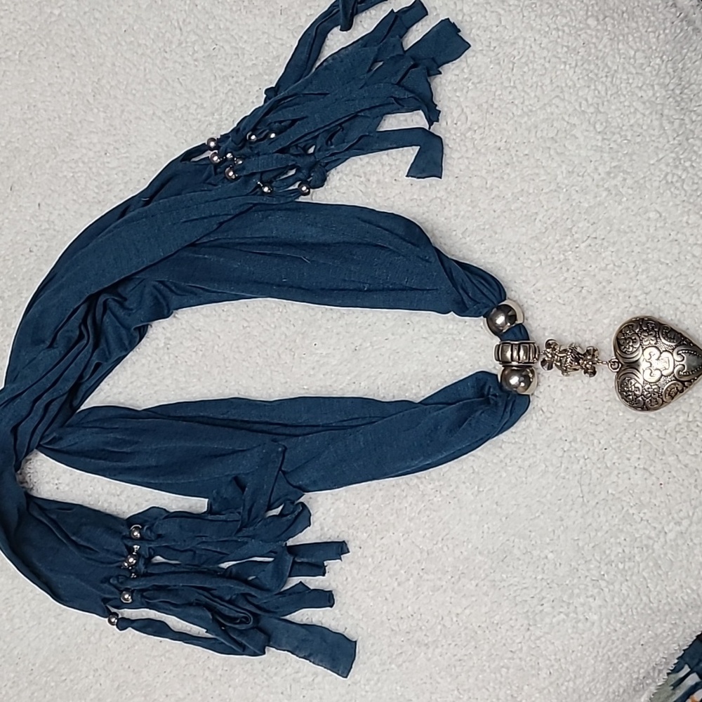 Navy blue Necklace Scarf heart charm